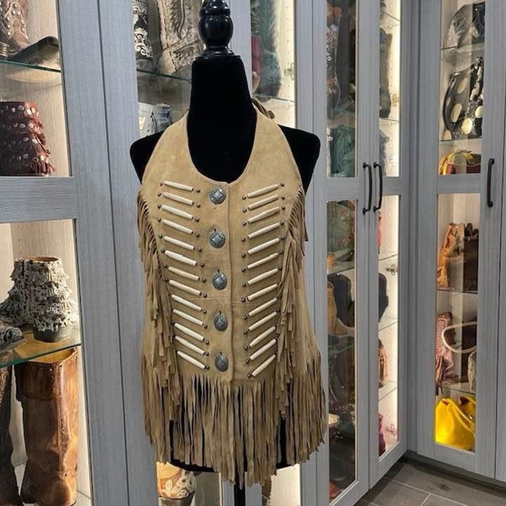 Double D Ranch Suede Tan Fringe Halter Top